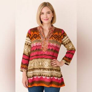 Sharon Young Colorful Blouse Sz. L Ethnic Stripe Boho Tunic NWT MSRP $128